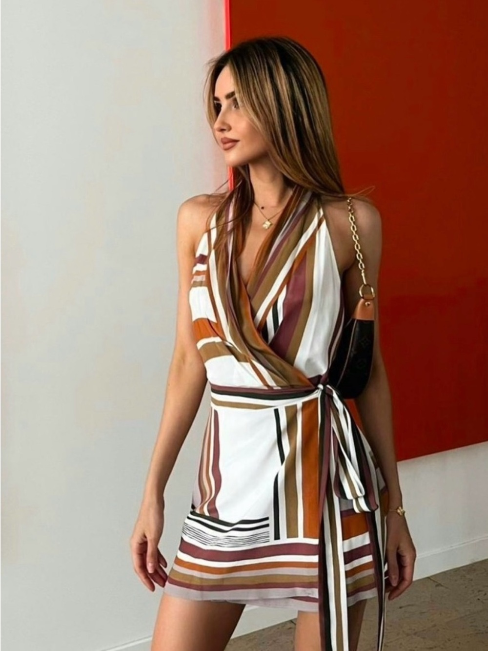 SIR the label Striped Halter Wrap Mini Dress in Rust, Cream & Mauve - Picture 6 of 8
